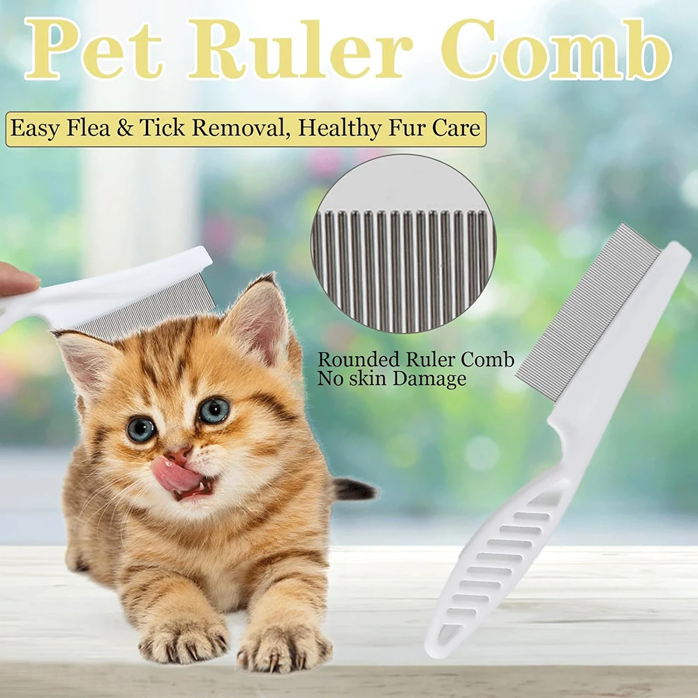 Comb Fine Tooth - หวีกำจัดเห็บสำหรับสัตว์เลี้ยง 2 แพ็ค, หวีสำหรับดูแลแมว/สุนัข, เครื่องมือทำความสะอาดและนวดกำจัดขนแบบพกพาสำหรับสัตว์เลี้ยงโดยเฉพาะ ทำจากสแตนเลส