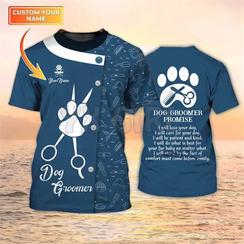 Men Grooming Usa - เสื้อยืด 3 มิติลายช่างตัดขนสุนัขฤดูร้อน รับสั่งทำเสื้อช่างตัดขนสัตว์เลี้ยง ชุดยูนิฟอร์มร้านเสริมสวยสัตว์เลี้ยง เสื้อช่างตัดขนสุนัข