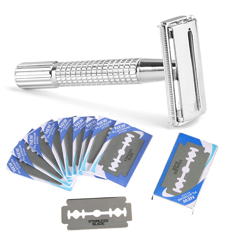 Straight Razor Safety - มีดโกนหนวดแบบด้ามจับเคลือบผิว ใบมีดสองคม สำหรับผู้ชาย แบบคลาสสิก ทำจากสแตนเลส พร้อมใบมีด