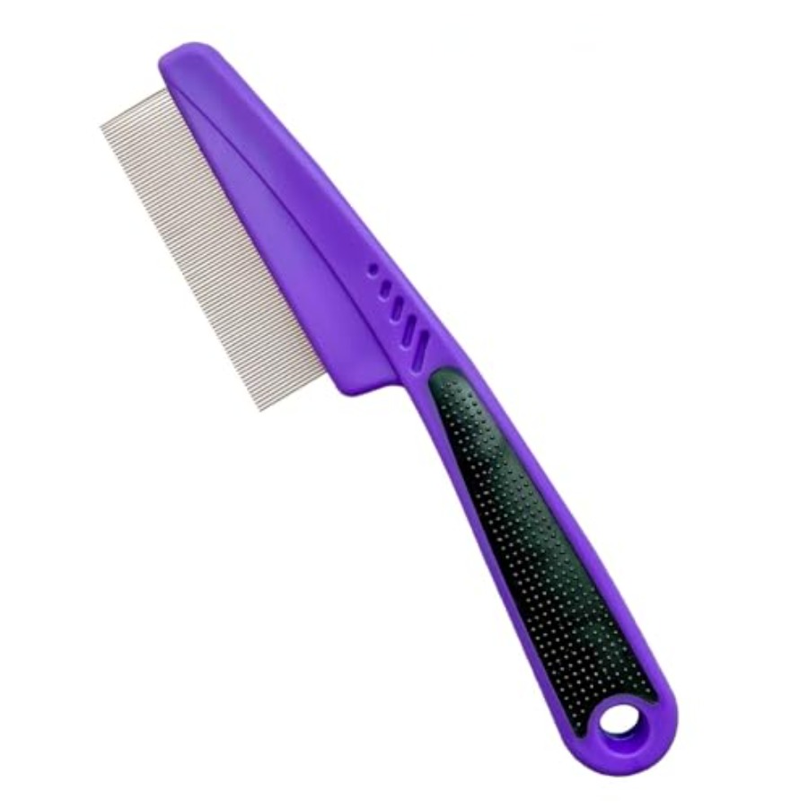 Comb Fine Tooth - หวีกำจัดเห็บหมัดพร้อมด้ามจับยาง หวีกำจัดเห็บหมัดสำหรับสุนัขและแมว หวีซี่ละเอียดสำหรับสุนัข สำหรับการกรูมมิ่ง สีม่วง